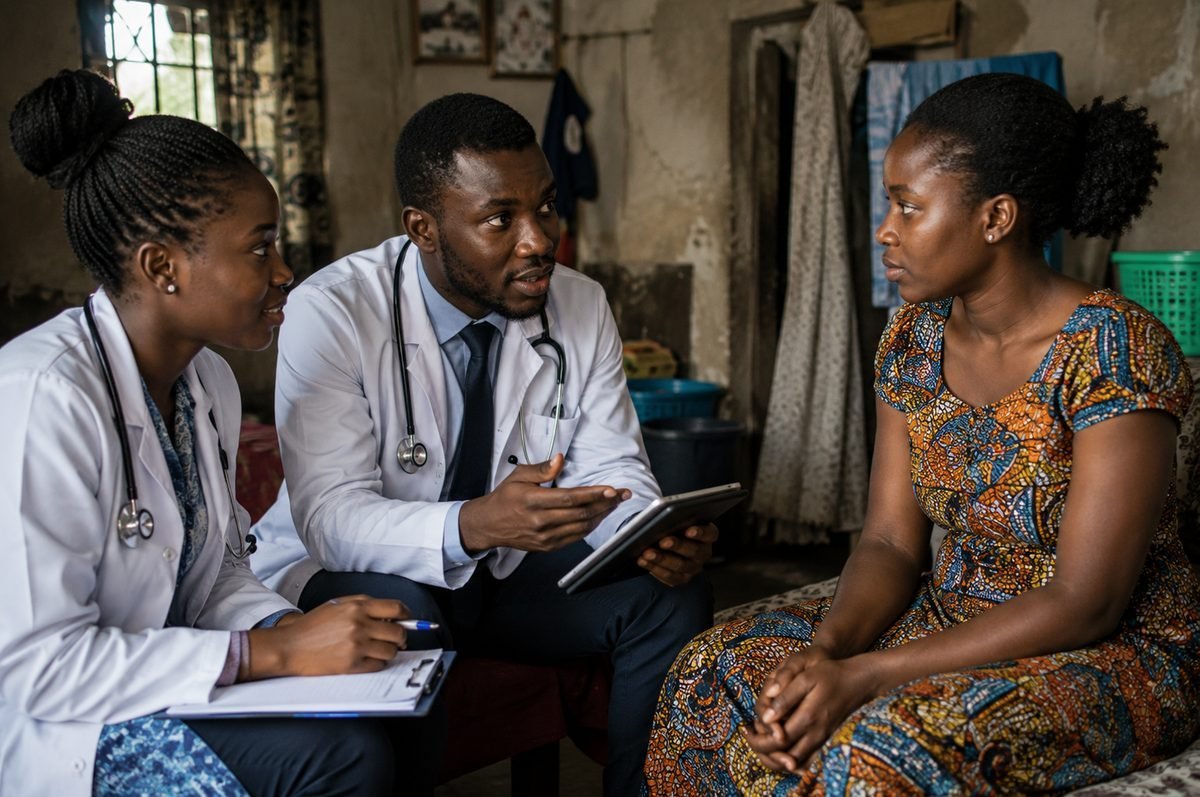 A doctor and a nurse sit with a woman in her home and talk through her results